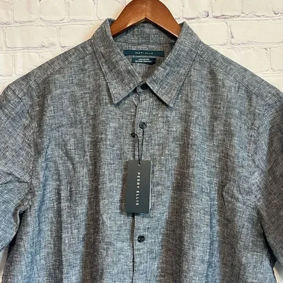 Perry Ellis Shirt Mens XL Blue Dark Sapphire Linen Blend Short Sleeve Button Up - Picture 2 of 12
